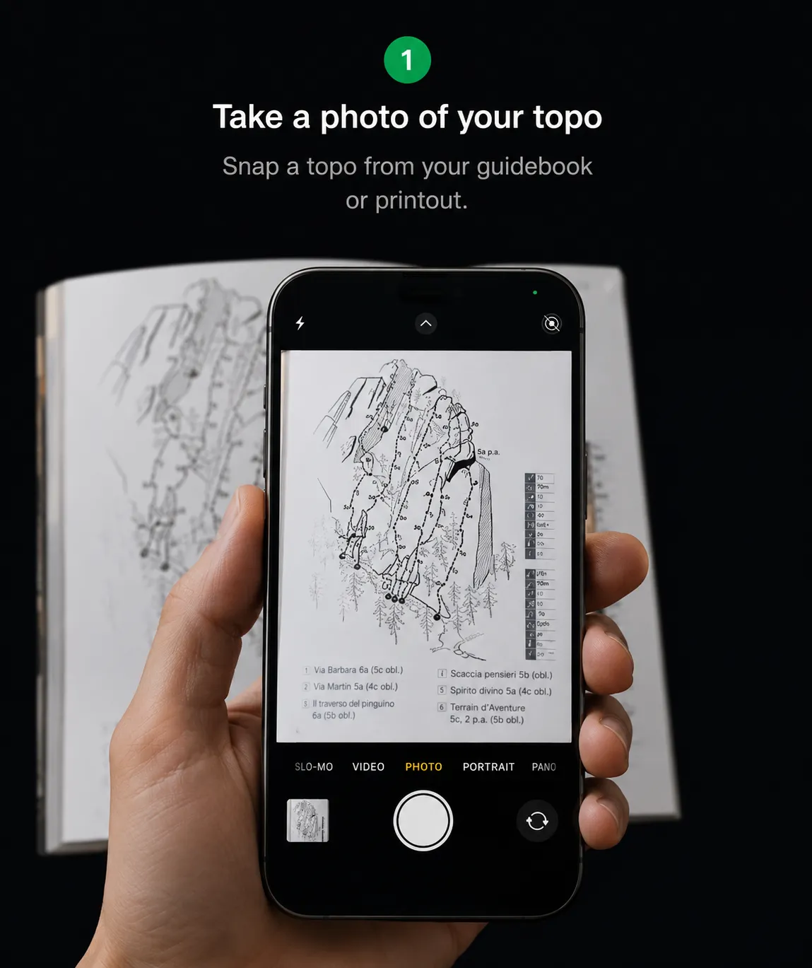 Photographing a printed climbing topo with a phone.